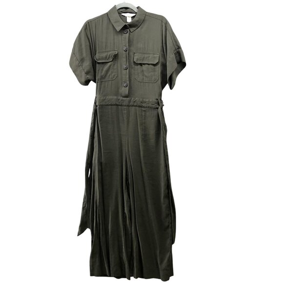 H&M Wide Leg Utility Jumpsuit Womens 6 Army Green Tie Waist Short Sleeve - Picture 1 of 11
